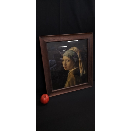 92 - Framed image of head of a girl by artist Vermeer with the Medici Society Ltd labels on reverse and r... 