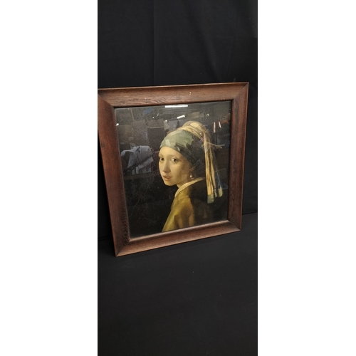 92 - Framed image of head of a girl by artist Vermeer with the Medici Society Ltd labels on reverse and r... 