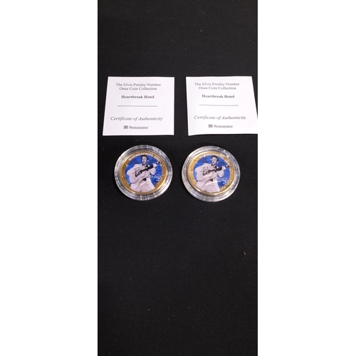 99 - Two gold plated coins featuring Elvis's Number ones. With certificate of authenticity