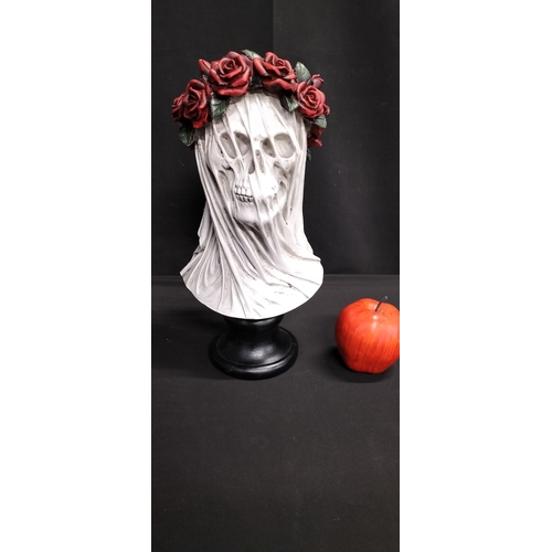 105 - ployresin bride skull with rose headband
 Measures approx H 34.5 x W 21 cm