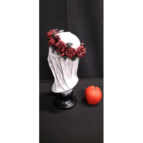 105 - ployresin bride skull with rose headband
 Measures approx H 34.5 x W 21 cm