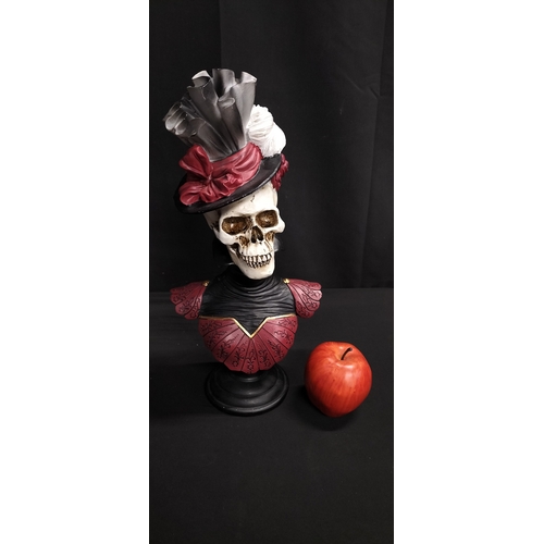 107 - Polyresin day of the dead bust of a woman. Measures approx H 39 x W 18.5 x D 11 cm