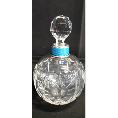 116 - Sterling silver collar  J.W.T blue enamel engine turned perfume bottle with stopper. Blue Glass duck... 