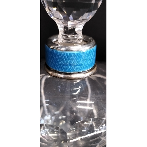 116 - Sterling silver collar  J.W.T blue enamel engine turned perfume bottle with stopper. Blue Glass duck... 