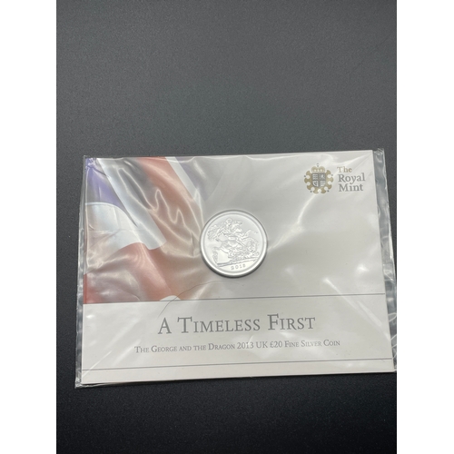 44 - Timeless First George & The Dragon 2013 999 Fine Silver proof unopened £20 Coin by Royal Mint