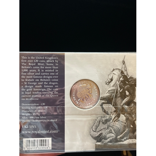 44 - Timeless First George & The Dragon 2013 999 Fine Silver proof unopened £20 Coin by Royal Mint