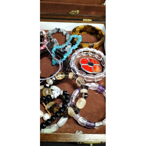 209 - Box containing various Semi precious bracelets including tigers eye, coloured pearls, agate,