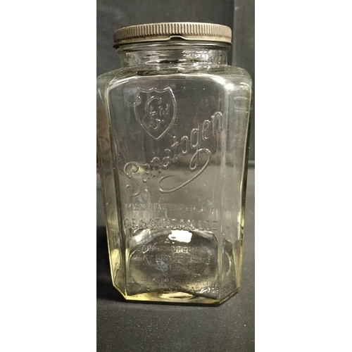 216 - Sanatogen Glass storage jar, Horlicks measured mixer and a metal preserve jar with lid