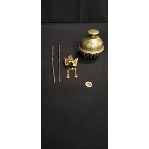 239 - Selection of brass items including, chopsticks, elephant bell and a fox door knocker