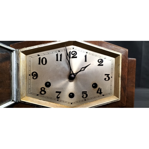 247 - 1930's Kenzle. Germany. Art deco walnut mantle peaked case clock with key. Westminster chime. Measur... 