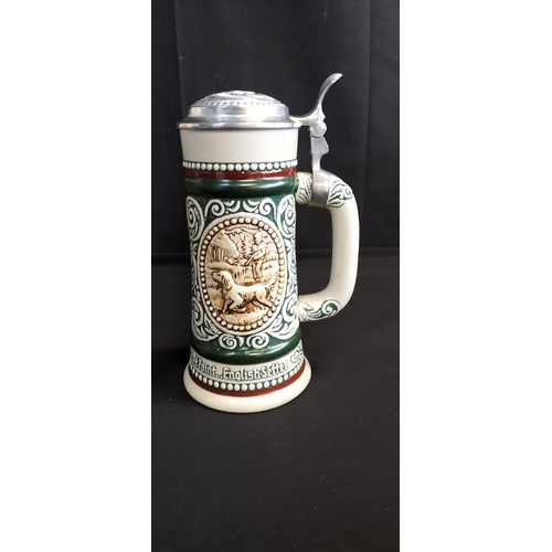 277 - Vintage 1979 Avon stein with lid depicting a hunting and fishing scenes with original box