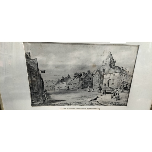 295 - Framed Black and white print of Old Blackburn. Church Street in the 18th century. Named Robinson 190... 