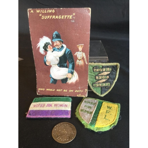 129 - RARE COLLECTION OF SUFFRAGETTE POSTCARD AND VOTES FOR WOMEN COIN AND CLOTH PATCHES