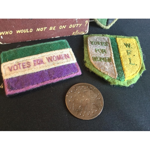 129 - RARE COLLECTION OF SUFFRAGETTE POSTCARD AND VOTES FOR WOMEN COIN AND CLOTH PATCHES