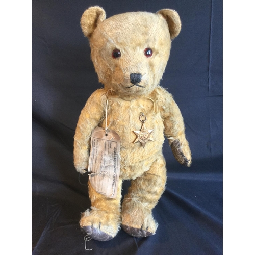 142 - RARE ORIGINAL WW2 42CM TALL CHILDS EVACUEE TEDDY BEAR WITH TAG AND MEDAL