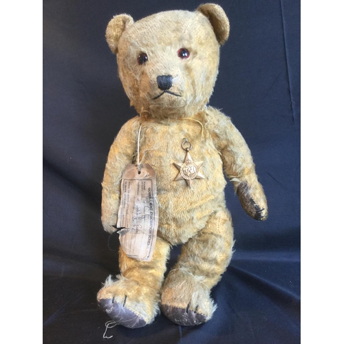 142 - RARE ORIGINAL WW2 42CM TALL CHILDS EVACUEE TEDDY BEAR WITH TAG AND MEDAL