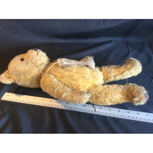 142 - RARE ORIGINAL WW2 42CM TALL CHILDS EVACUEE TEDDY BEAR WITH TAG AND MEDAL