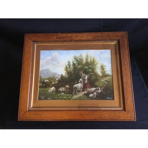 178 - A 19TH CENTURY OIL ON BOARD SHEEP & CATTLE IN LANDSCAPE SIGNED LOWER RIGHT