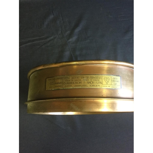 183 - A CIRCA 1900 COPPER TEST SIEVE WITH PLAQUE FOR N GREENING & SONS, MAYES, MIDDLESEX