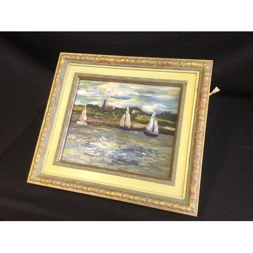 193 - A 20TH CENTURY OIL ON BOARD YACHTS ON FARNBRIDGE ESSEX R.SHUTTLEWORTH SIGNED TO VERSO