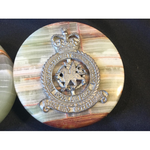 202 - 2 RAF PAPERWEIGHTS ON ONYX/MARBLE BASE