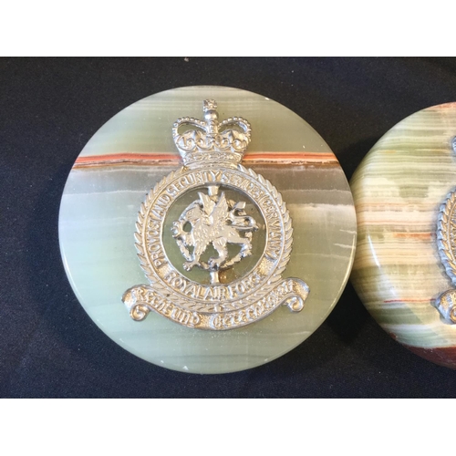 202 - 2 RAF PAPERWEIGHTS ON ONYX/MARBLE BASE