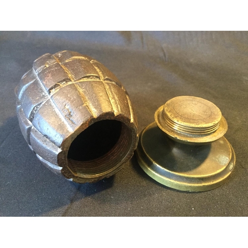 204 - ORIGINAL WW1 MILLS HAND GRENADE MONEY BOX ON BRASS BASE