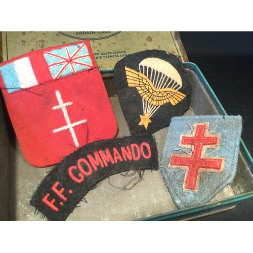 5 - BEAUTIFUL SET OF 8 FREE FRENCH AIRBORNE AND RESISTANCE CLOTH PATCHES WITH TIN. WW2.