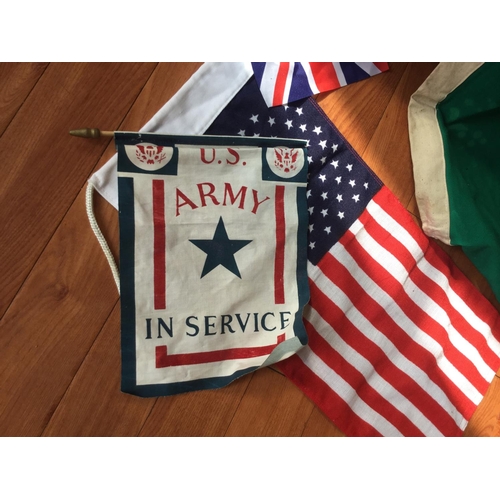 8 - COLLECTION OF OLD VINTAGE FLAGS, UNION JACK, PORTUGUESE WW1 AND AMERICAN WW2 ETC.