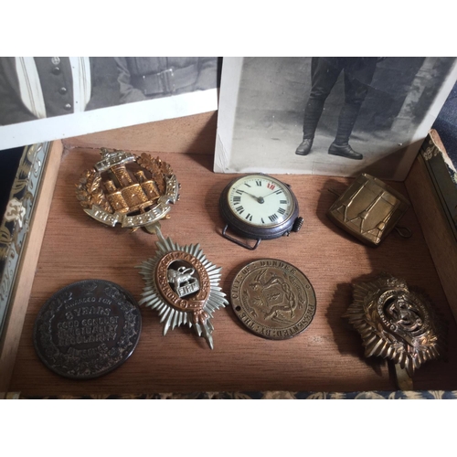 83 - ORIGINAL WW1 TRENCH WATCH WITH PHOTO'S AND VARIOUS BADGES ETC