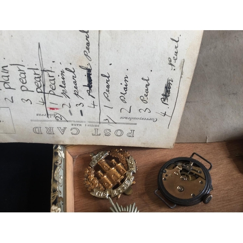 83 - ORIGINAL WW1 TRENCH WATCH WITH PHOTO'S AND VARIOUS BADGES ETC