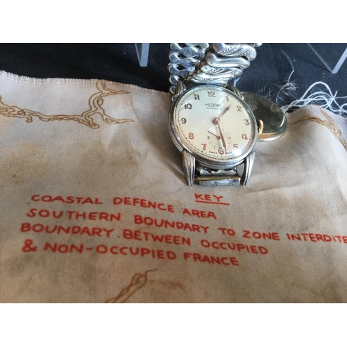 92 - WORKING ORIGINAL WW2 SOLDIERS MEDANA WRIST WATCH WITH SMALL SILK ESCAPE 
MAP AS FOUND IN BOX TOGETHE... 