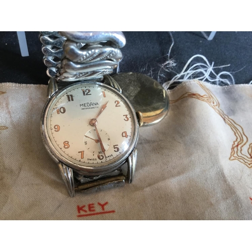 92 - WORKING ORIGINAL WW2 SOLDIERS MEDANA WRIST WATCH WITH SMALL SILK ESCAPE 
MAP AS FOUND IN BOX TOGETHE... 