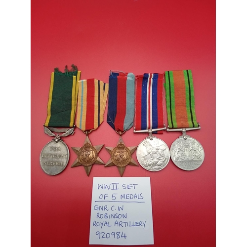 100 - WW2 set of 5 medals. GNR C W Robinson Royal Artillery 920984