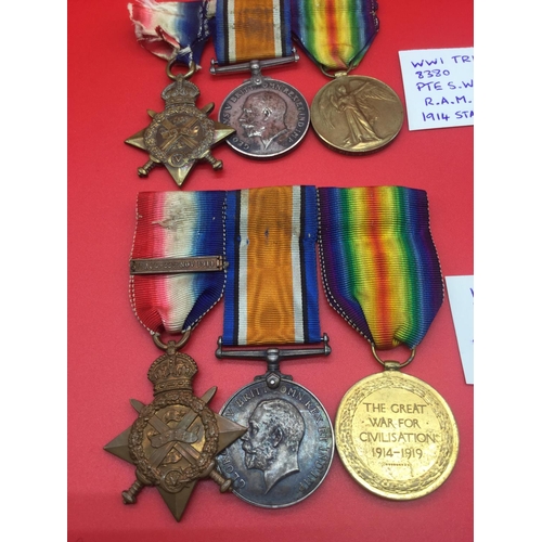 49 - 2 x WW1 1914 star trios with ribbons. Both Pte. Carter Rifle Brigade & Divall Royal Army Medical Cor... 