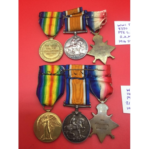 49 - 2 x WW1 1914 star trios with ribbons. Both Pte. Carter Rifle Brigade & Divall Royal Army Medical Cor... 