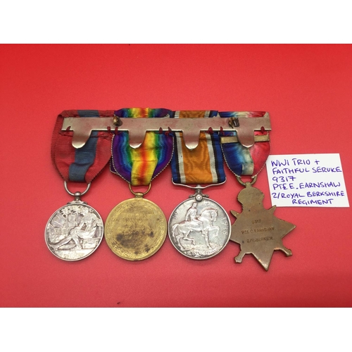 50 - WW1 1914 Trio of medals with ribbons, and Faithful service medal. 9317 Pte. C Earnshaw 2/Royal Berks... 