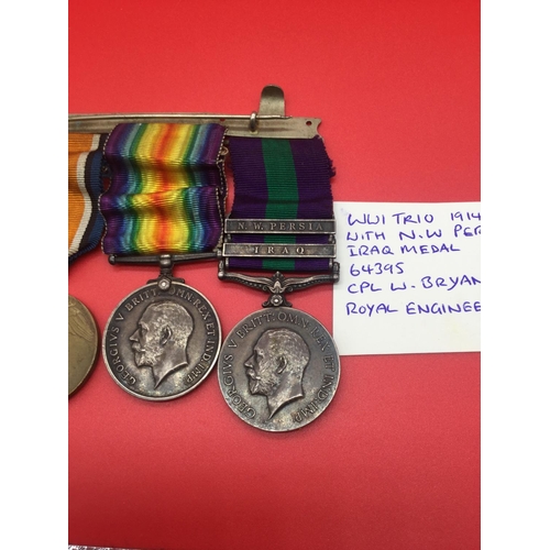 51 - WW1 Trio 1914/1915 with ribbons including GSM medal with  N.W Persia Iraq clasps. CPL W. Bryans Roya... 