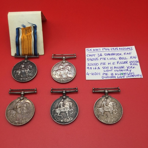 54 - 5 x WW1 1914-1918 medals. Capt J A Stanbrook RAF, 54255 PTE 1 H G L Bell RAF, 32050 PTE W E Fuller E... 