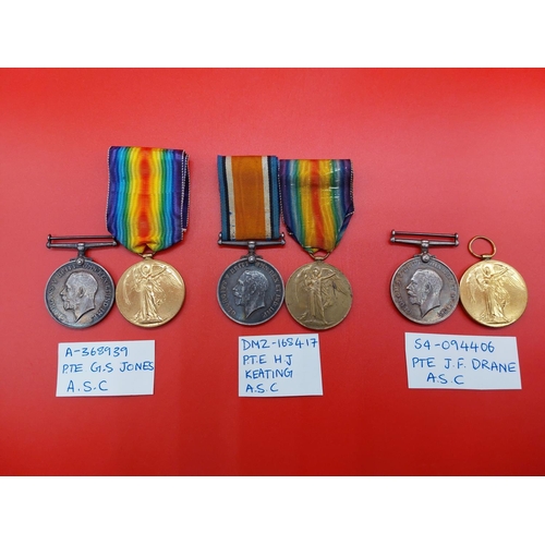 68 - 3 x WW1 Duos. A-368939 PTE G S Jones ASC, DM2-168417 PTE H J Keating ASC, S4-094406 PTE J F Drane AS... 