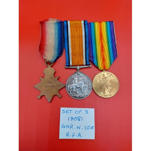 69 - WW1 1914 star trio & WW1 Duo Royal Artillery. WW1 1914 Trio 17081 GNR W Cox RFA, WW1 Duo 340843 GNR ... 