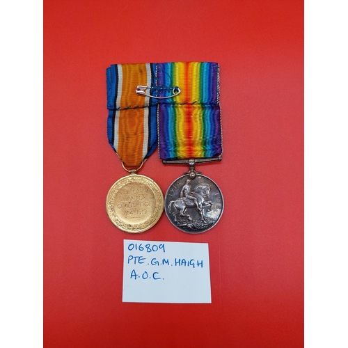 72 - WW1 Duo 016809 PTE G M Haigh A.O.C Army Ordnance Corps