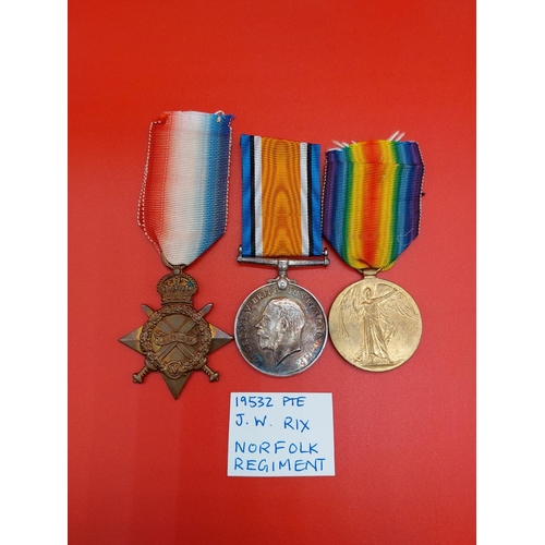 75 - WW1 1914-15 star trio & WW1 Duo Norfolk Regiment. Trio 19532 PTE J W Rix NORF.R. Duo 2981 PTE G V Ra... 