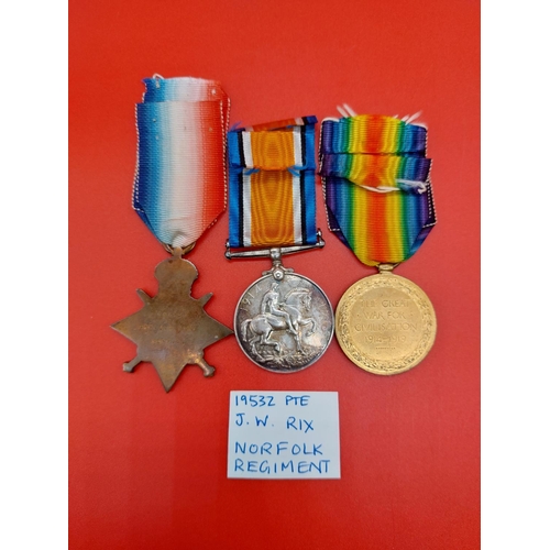 75 - WW1 1914-15 star trio & WW1 Duo Norfolk Regiment. Trio 19532 PTE J W Rix NORF.R. Duo 2981 PTE G V Ra... 