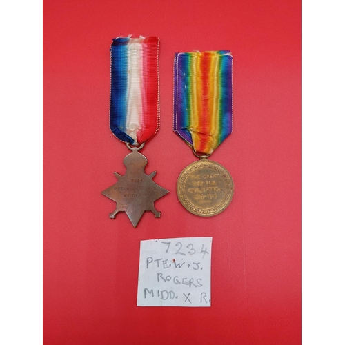 78 - 2 WW1 Medals 1914-15 star to 7234 W J Rogers MIDD.X.R Middlesex Regiment