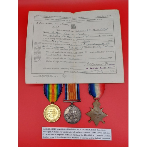 80 - WW1 1914-15 star trio 3384 PTE A C Lane Essex Regiment with discharge papers