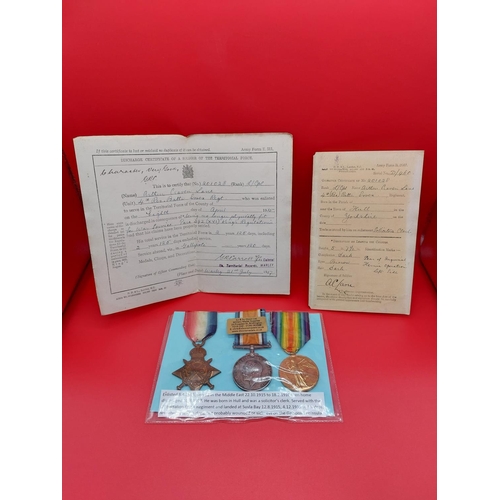 80 - WW1 1914-15 star trio 3384 PTE A C Lane Essex Regiment with discharge papers