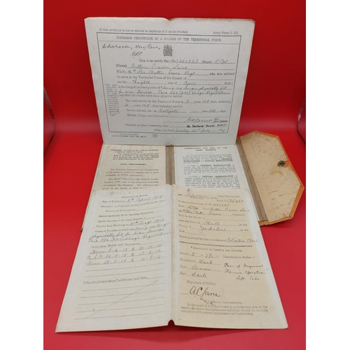 80 - WW1 1914-15 star trio 3384 PTE A C Lane Essex Regiment with discharge papers