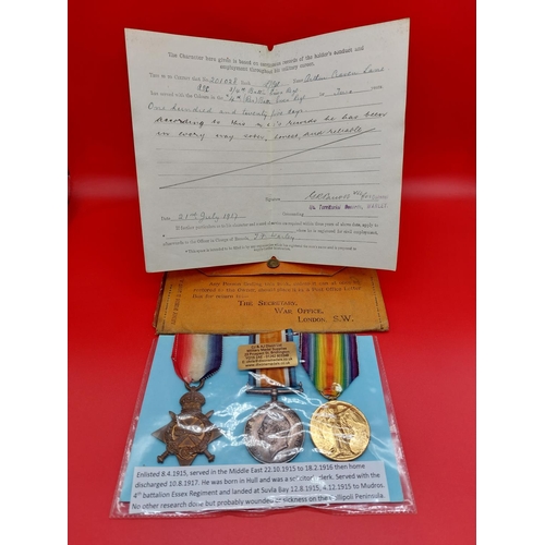 80 - WW1 1914-15 star trio 3384 PTE A C Lane Essex Regiment with discharge papers