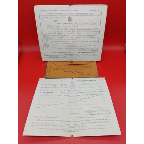 80 - WW1 1914-15 star trio 3384 PTE A C Lane Essex Regiment with discharge papers